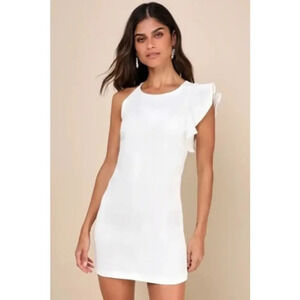 Lulus Women's Medium White‎ One-Shoulder Ruffle Mini Dress Party Cocktail
